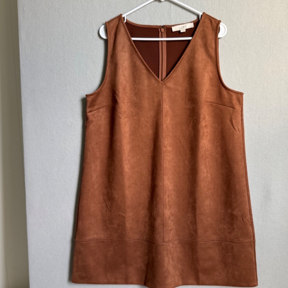 LOFT Faux Suede Dress Jumper Women 14 Brown Shift V-Neck Sleeveless Mini